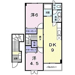 ボヌールＭ　II 2階2DKの間取り