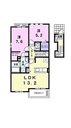 プラシード柚木　Ｂ 2階2LDKの間取り