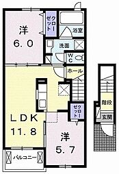 メゾン旭　I 2階2LDKの間取り