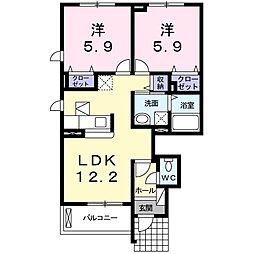 ソルシェール熊取1 2LDKの間取図画像