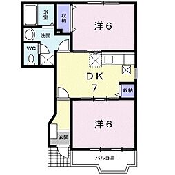 フレーズアンソレイエＤ棟 1階2DKの間取り