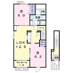 ソレイユ町村 2階2LDKの間取り