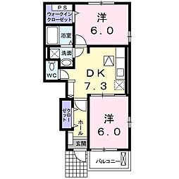 メゾンドソレイユII 1階2DKの間取り