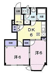 チャレロ21三番館Ｄ棟 1階2DKの間取り