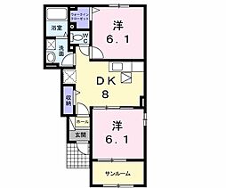 ラ　プロムナードＢ 1階2DKの間取り