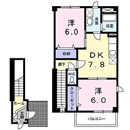 サンバティーク湊Ａ 2階2DKの間取り