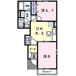 ラ・ベレッツァII 1階2DKの間取り