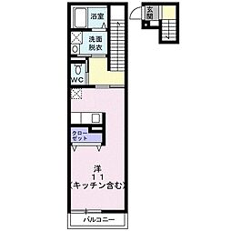 ウエスト・モンターニュＢ 2階ワンルームの間取り
