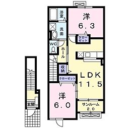 サンハイム　Ｂ 2階2LDKの間取り