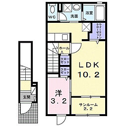 ル・シエル　ブルー 2階1LDKの間取り