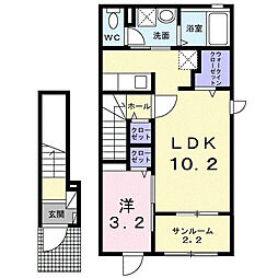 ル・シエル　ブルー 2階1LDKの間取り