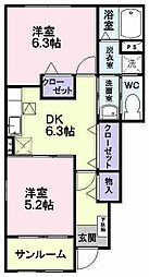 ラ・フルールA 2DKの間取図画像