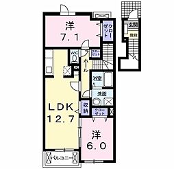 ジュネス中原　II 2階2LDKの間取り