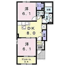 ラ　グリシーヌＡ 1階2DKの間取り