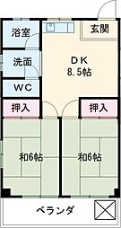 フェリーチェ三角II 4階2DKの間取り