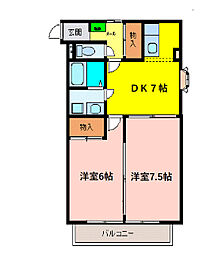 プレスティージ迎山　I 2階2DKの間取り