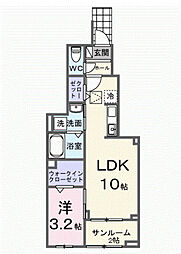 フォンテーヌ春日 1階1LDKの間取り