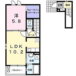 シャン・ド・フルールI 2階1LDKの間取り