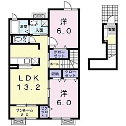 フォンターナ 2階2LDKの間取り