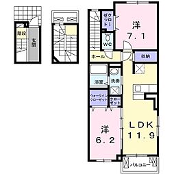 ローズガーデンII 3階2LDKの間取り