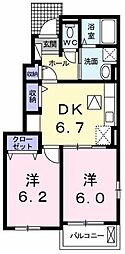 プリムヴェール1 2DKの間取図画像