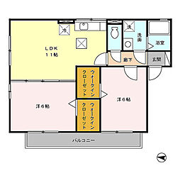 メルベーユ富の原　F棟 1階2LDKの間取り