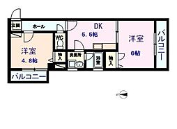 プラネット3 2階2DKの間取り