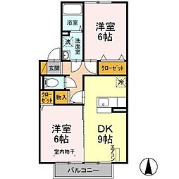 メゾンクレールD 2階2DKの間取り