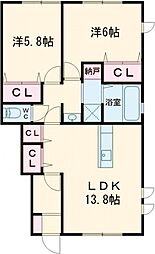 グランドハイムＡ 1階2LDKの間取り