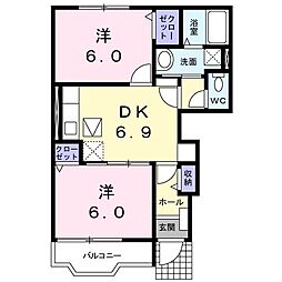 ラ・フォレスタＲＹＵ・Ｂ 1階2DKの間取り
