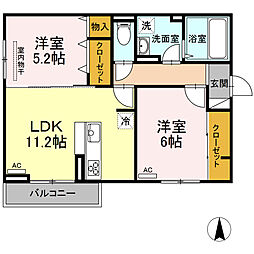 エクイティ神村 3階2LDKの間取り