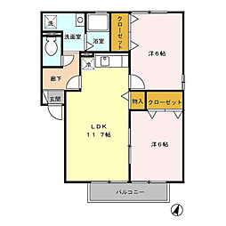 クレール塚の原A 2LDKの間取図画像