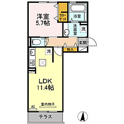 キャルル　B棟 1階1LDKの間取り