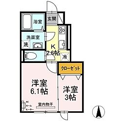 アウラ東町 2Kの間取図画像