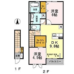 クレールコンフォート 2階2DKの間取り