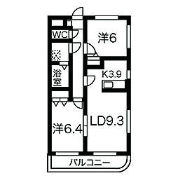 プリミエール下山 3階2LDKの間取り