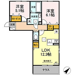 クレールフラワー 1階2LDKの間取り