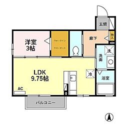 ロイヤルガーデン砺波II　Ｂ 2階1LDKの間取り