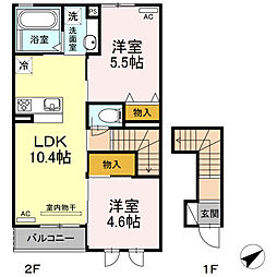 クレール水神　A棟 2階2LDKの間取り