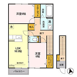 JR信越本線 北高崎駅 徒歩28分の賃貸アパート 2階2LDKの間取り
