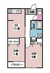 サンパレス新田 2階2DKの間取り