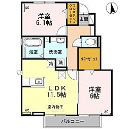 ハイム杉山　B棟 1階2LDKの間取り