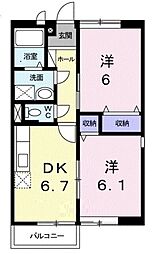 サンシャインＡ 2階2DKの間取り