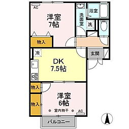 フレマリール若宮　Ａ/Ｂ/Ｃ/Ｄ 1階2DKの間取り