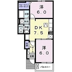 ヴェルデII 1階2DKの間取り