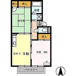 プレジール砂原　壱号館 2階2DKの間取り