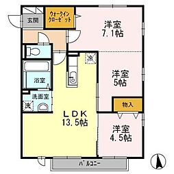 セジュールプルミエ　A棟 2階3LDKの間取り