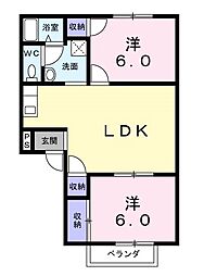 フォブール吉峰IIＢ 2階2LDKの間取り
