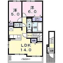 JR片町線(学研都市線) 長尾駅 バス13分 榁谷橋下車 徒歩3分の賃貸アパート 2階2LDKの間取り