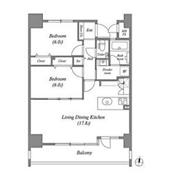 茶屋ヶ坂ライズ 4階2LDKの間取り
